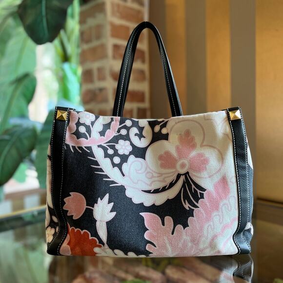 VALENTINO Floral Print Canvas Natural Black Tote - Picture 1 of 12